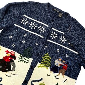 Reference Point Winter Skaters Cardigan L Blue Ramie Cotton Snowflakes Holiday‎